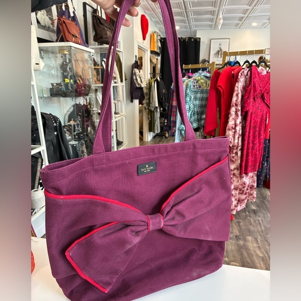 Kate Spade burgundy and red bow canvas shoulder tote